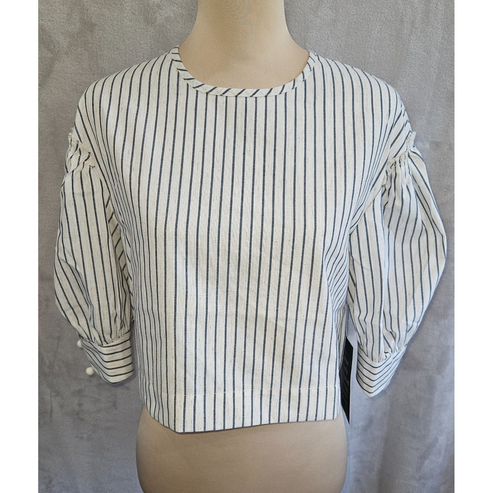 Tuckernuck Edie Top M Blue Stripe Linen Puff Sleeve Cropped Coastal Preppy NWT